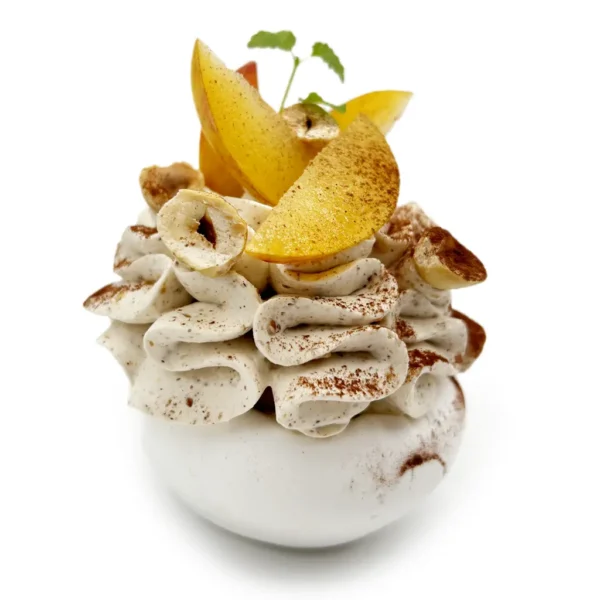 Pavlova individuelle Praliné noisette – abricot – prunes jaunes de pavlovas Joël MAIER, photo N°1